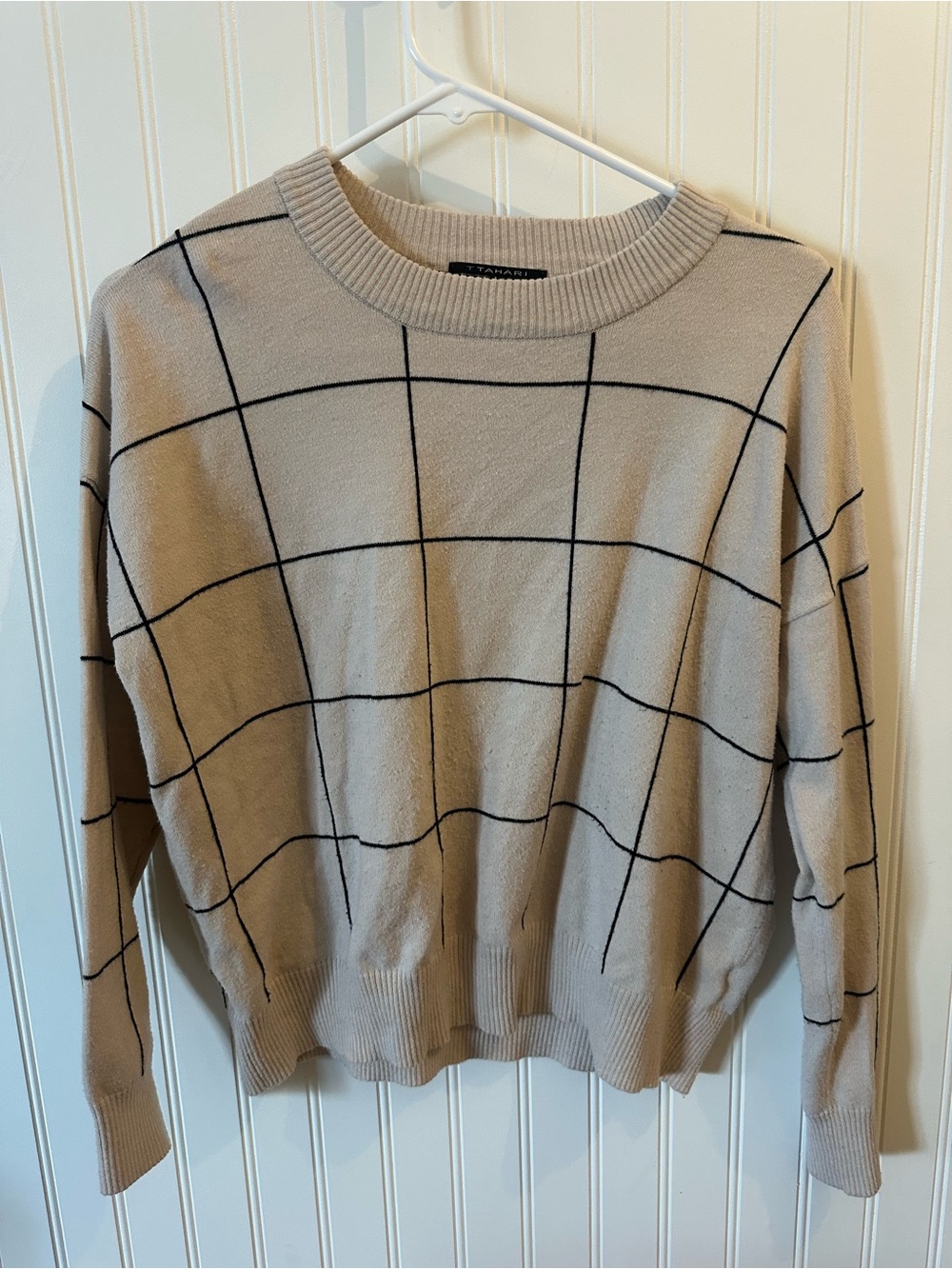 T Tahari Beige Crewneck Sweater with Black Windowpane Grid